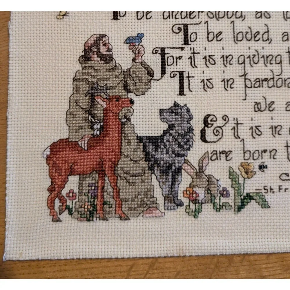 Vtg Prayer of Saint Francis Handmade CrossStitch Sampler Unframed Cardboard Back